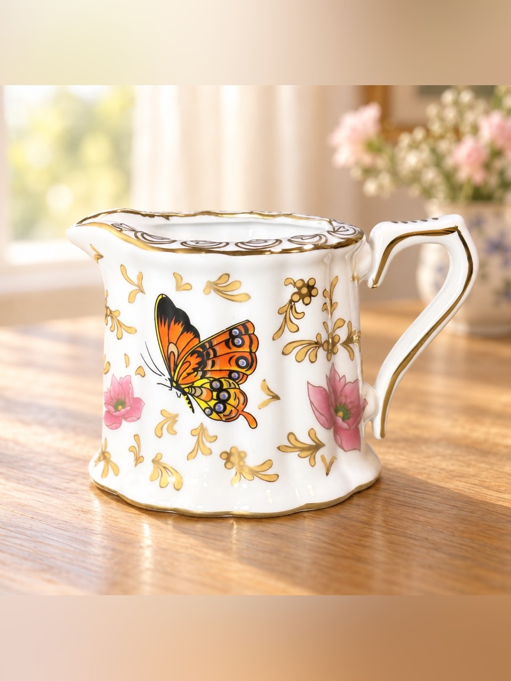 Vintage Porcelain Creamer with Orange Butterfly and Gold Accents